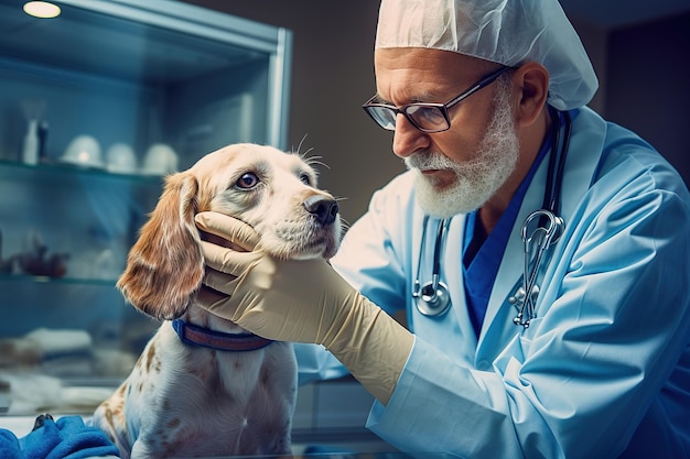 Um veterinário masculino examina um cão na clínica
