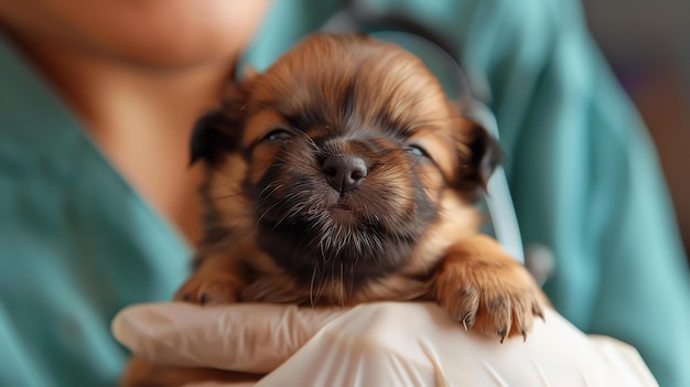 Um veterinário segura um cachorrinho na palma da mão e o cachorro está dormindo profundamente.