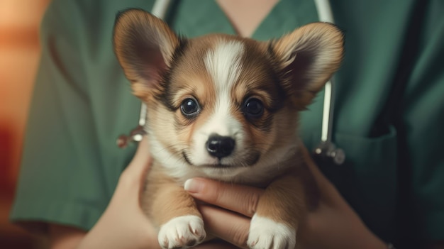 Um veterinário segurando um cachorro corgi