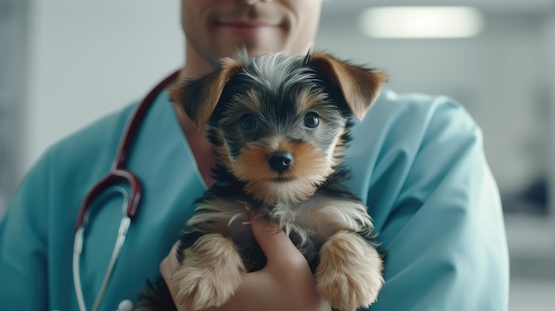Um veterinário segurando um cachorro nas mãos.