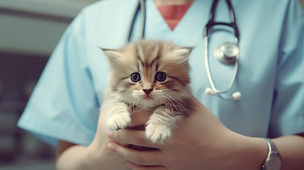 Um veterinário segurando um gatinho nas mãos