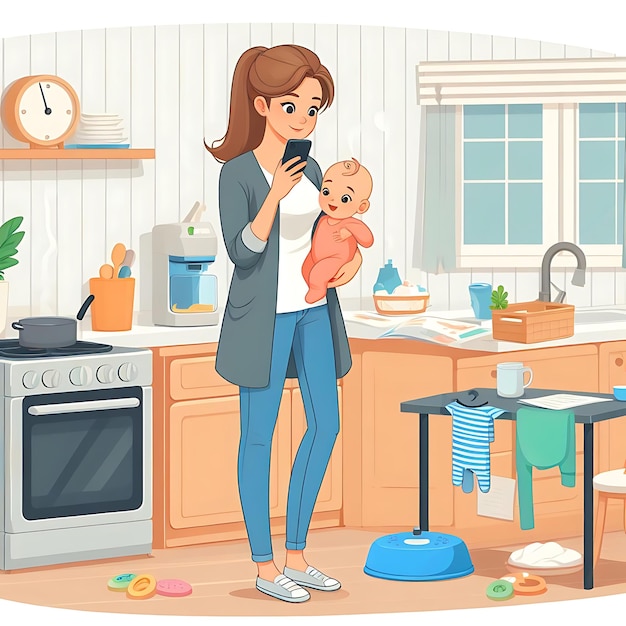 um vetor mulher está segurando um bebê em uma cozinha com uma cozinha no fundo