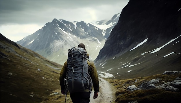 Um viajante com uma mochila caminha nas montanhas Generative AI