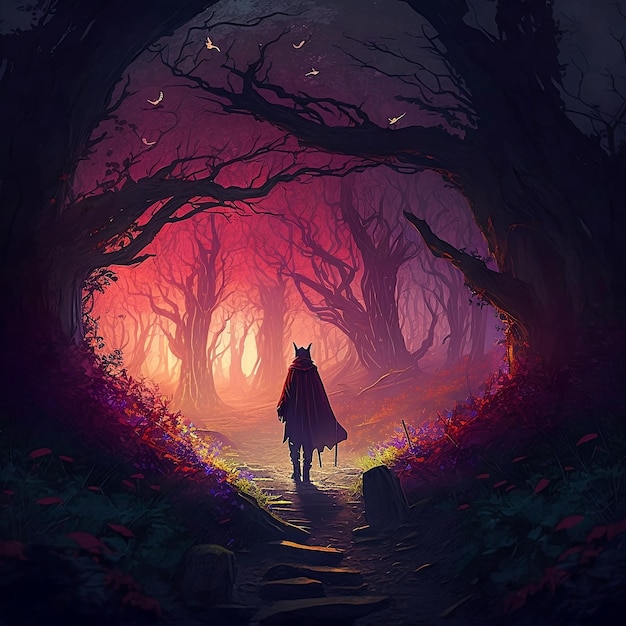 Um viajante em um impermeável caminhando por uma floresta de conto de fadas mágico