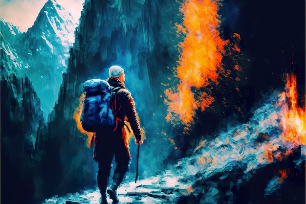 Um viajante sobe as montanhas perto da explosão
