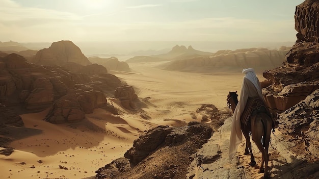 Um viajante solitário em um camelo viaja através de um vasto e implacável deserto