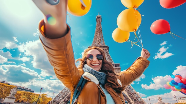 Foto um viajante sozinho tirando uma selfie na frente de um famoso marco feito de balões viajante selfie hd