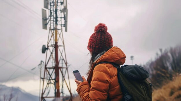 Foto um viajante usando um telefone móvel com barras de sinal completo em um local remoto graças a uma torre de telecomunicações próxima