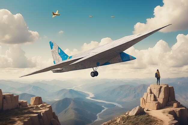Um viajante voa em um avião de papel Colagem de arte