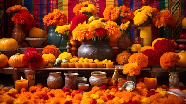 Um vibrante altar mexicano do Dia dos Mortos com margaridas e velas