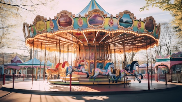 Um vibrante carrossel de cores do arco-íris girando em um movimentado parque de diversões