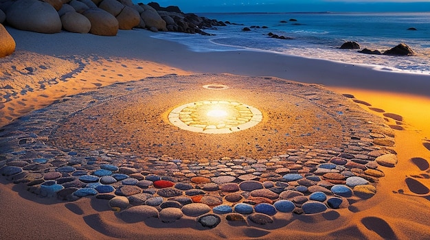 Um vibrante círculo detalhado de pedras iluminadas pelo sol no topo de uma praia arenosa