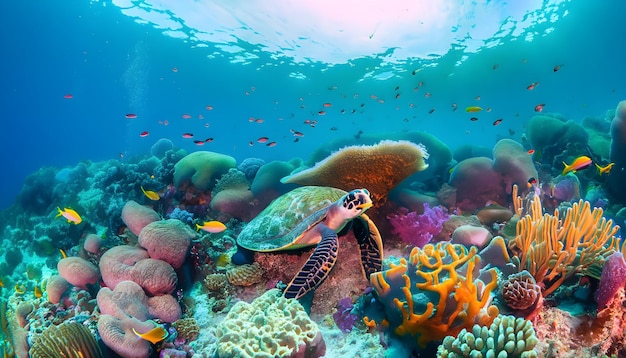 Um vibrante recife de coral repleto de peixes coloridos e outras criaturas marinhas