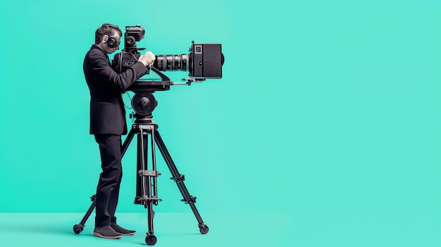 Um videógrafo profissional está usando uma grande câmera de vídeo em um tripé para gravar um evento Ele está usando fones de ouvido e está vestido com um terno