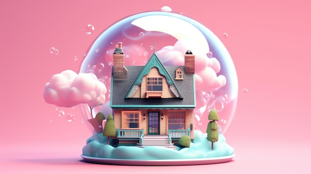 Um vidro bolha de globo com pequena casa dentro para o conceito de seguro da casa