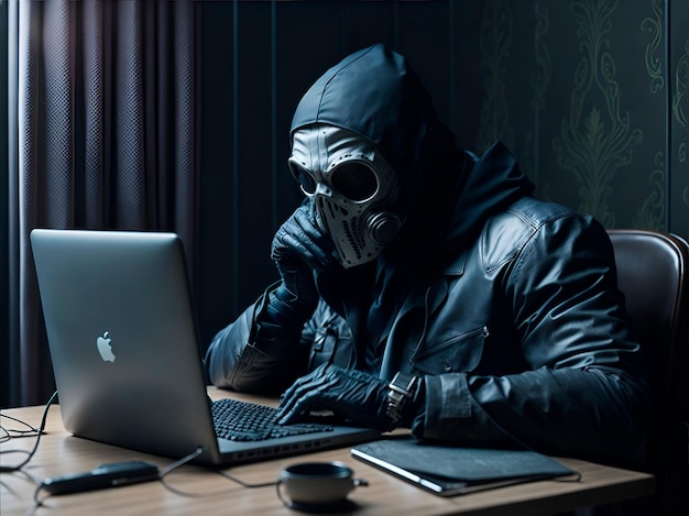 Um vigarista com uma máscara senta-se em frente a um portátil gerado pela IA