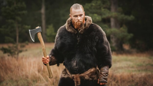 Foto um viking vestido com a pele de um urso com um machado.