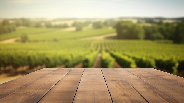 Um vinhedo francês serve como base nublada para uma mesa de madeira limpa Recurso criativo gerado por IA