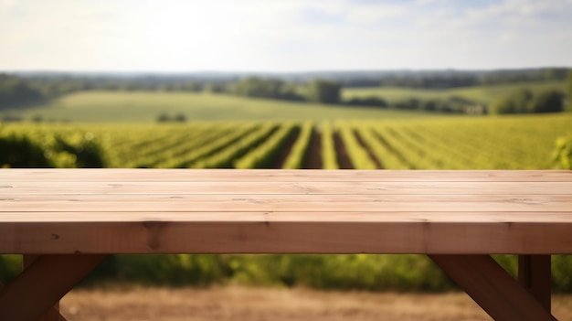 Um vinhedo francês serve como base nublada para uma mesa de madeira limpa Recurso criativo gerado por IA