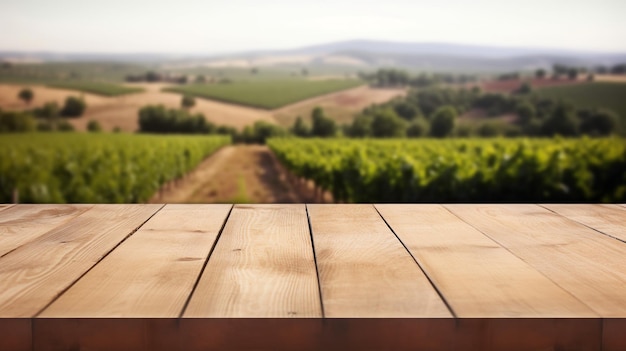 Um vinhedo francês serve como base nublada para uma mesa de madeira limpa Recurso criativo gerado por IA