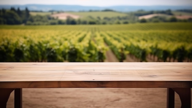 Um vinhedo francês serve como estabelecimento nublado para uma mesa de madeira limpa Recurso criativo gerado por IA