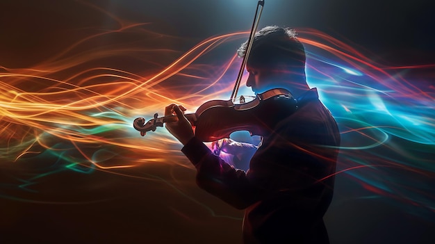 Um violinista imerso numa dança de trilhas de luzes vibrantes evocando uma sinfonia visual