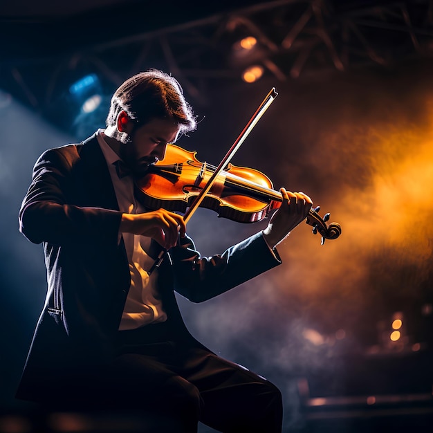 Um violinista tocando graciosamente um arco através das cordas