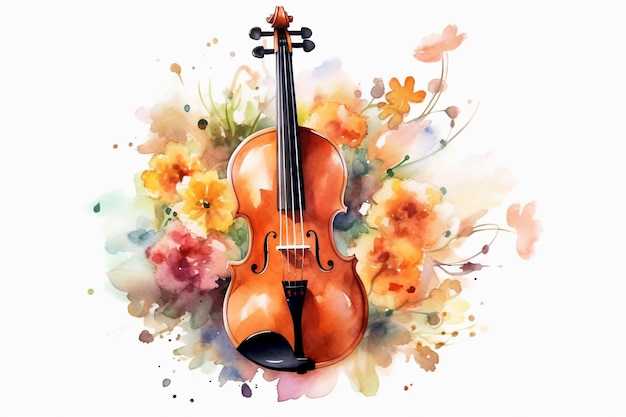 Um violino com flores em um fundo branco