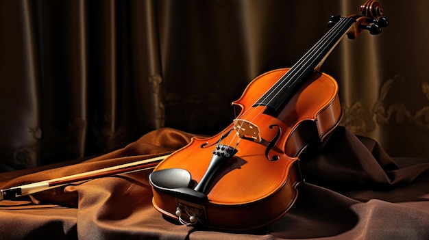 Um violino com um arco nas costas