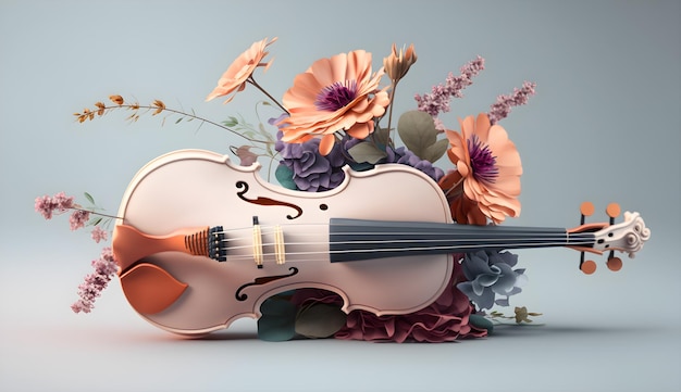 Um violino com um buquê de flores