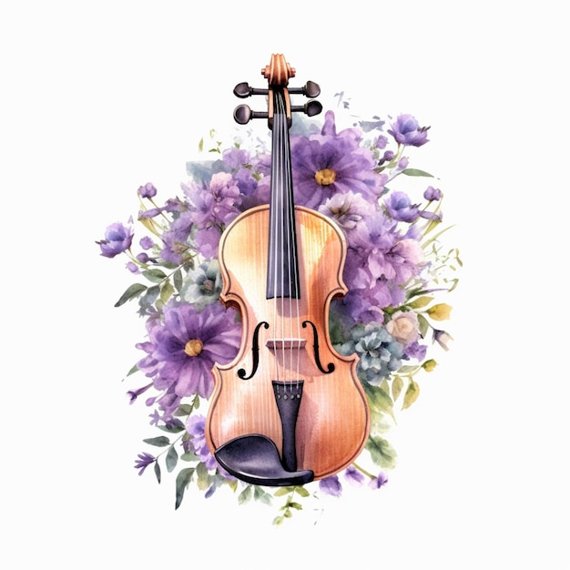 Um violino com um fundo de flor roxa