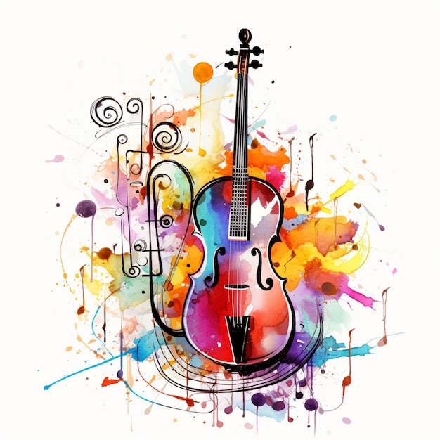 um violino de cores brilhantes com notas musicais e notas em um fundo branco generativo ai