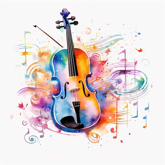 um violino de cores brilhantes com notas musicais e um arco generativo ai