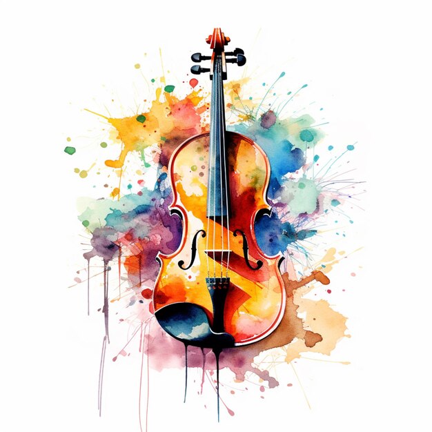 um violino de cores brilhantes com um arco em um fundo branco generativo ai