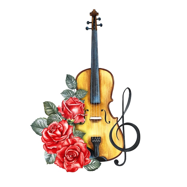 Um violino decorado com rosas vermelhas e uma chave de altos A ilustração em aquarela é desenhada à mão