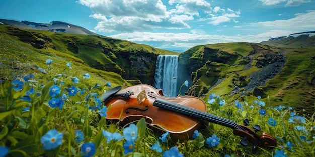 Um violino deitado uniformemente em uma colina gramada com flores azuis e uma cachoeira céu azul com nuvens brancas