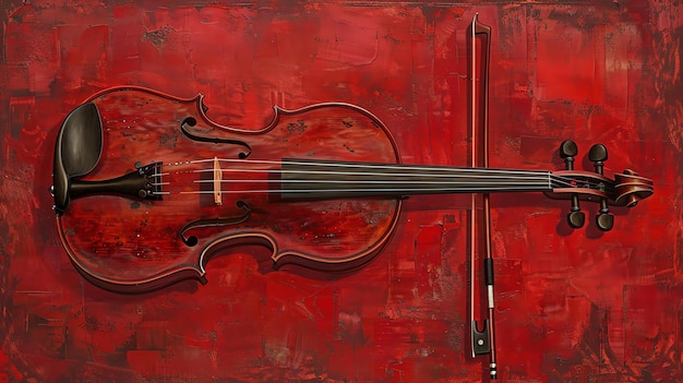 Foto um violino em fundo vermelho o violino é feito de madeira o fundo é pintado de vermelho o violin está no centro da imagem