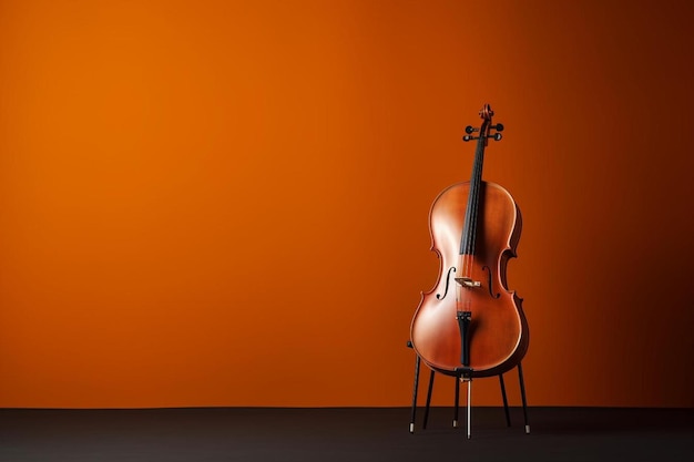 um violino está sentado em uma cadeira em frente a uma parede.