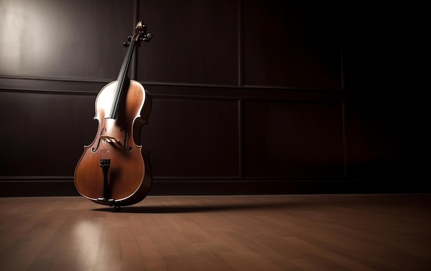 Um violino está sobre um piso de madeira em uma sala escura.