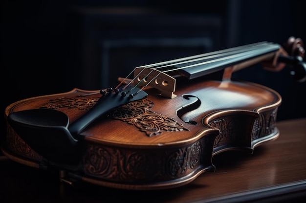 Um violino está sobre uma mesa em um quarto escuro.