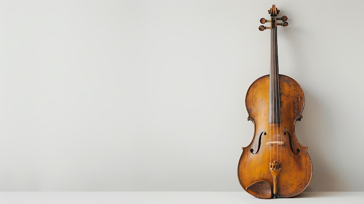 Foto um violino senta-se em uma mesa com um fundo branco