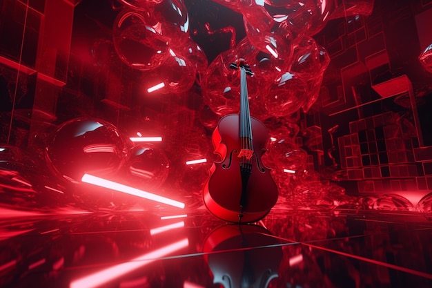Um violino vermelho está sentado em uma sala escura com luzes vermelhas.