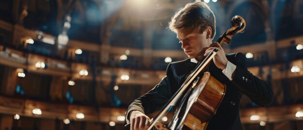 Um violoncelista tocando apaixonadamente numa sala de concertos opulenta.