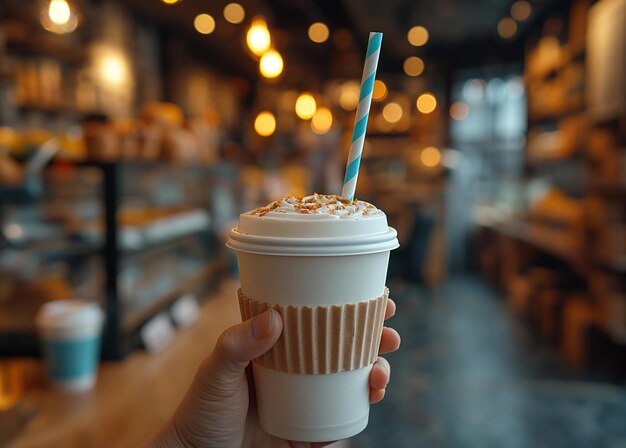 Um visitante de café segura uma bebida em sua mão com um canudo de beber papel