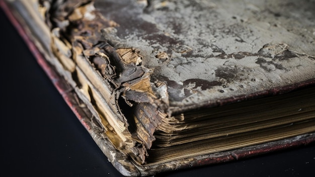 Um vislumbre de perto de um livro danificado pela água revelando capas deformadas e páginas inchadas refletindo o