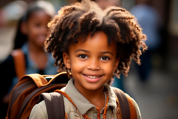 Um vislumbre de um futuro promissor enquanto esta menina afro-americana está erguida com a mochila da escola que Ai gerou.