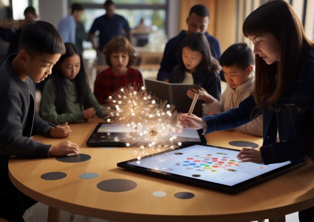 Um visual de um jogo educacional baseado em IA em tablets com alunos competindo e aprendendo simultaneamente