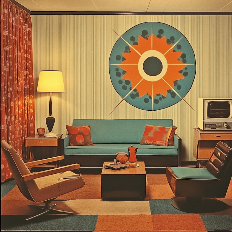Foto um visual de uma sala de estar dos anos 1950 com móveis modernos de meados do século com padrões atômicos e decoração vintage
