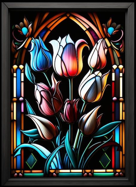 Um vitral com tulipas no centro.