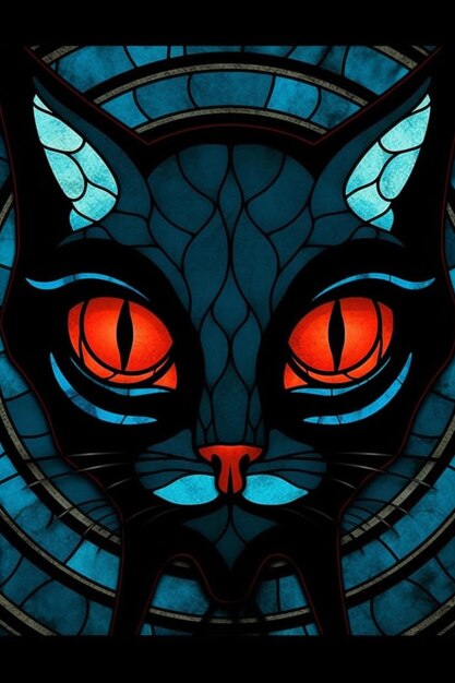 Um vitral com um gato preto com olhos laranja.